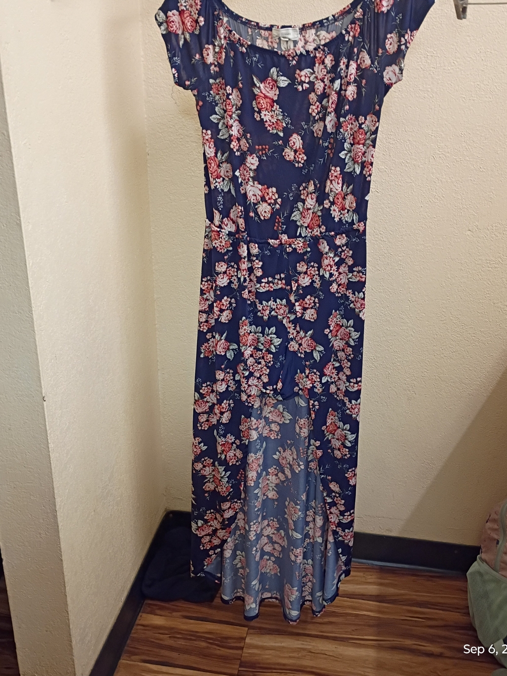 Floral Navy High-Low Maxi Dress with Pink Roses